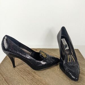 Vintage leather pumps, snakeskin heels, black vintage heels, 80s party shoes 6.5